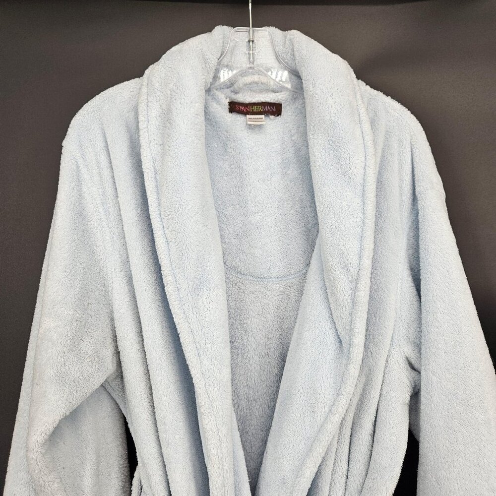 Stan Herman Robe Womens L/XL Light Blue Plush Fleece Belted Shawl Collar Pockets - Picture 4 of 12